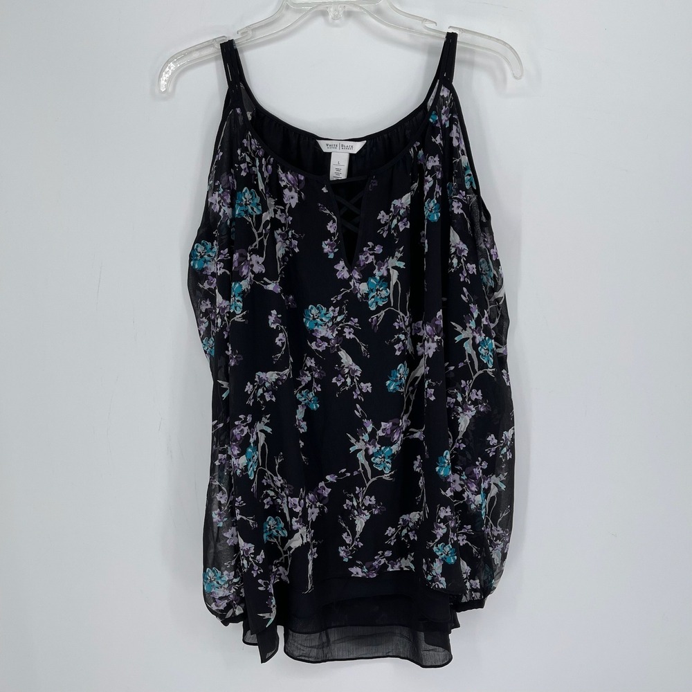 White House Black Market Women's‎ Black Floral Cold Shoulder Boho Blouse Size L